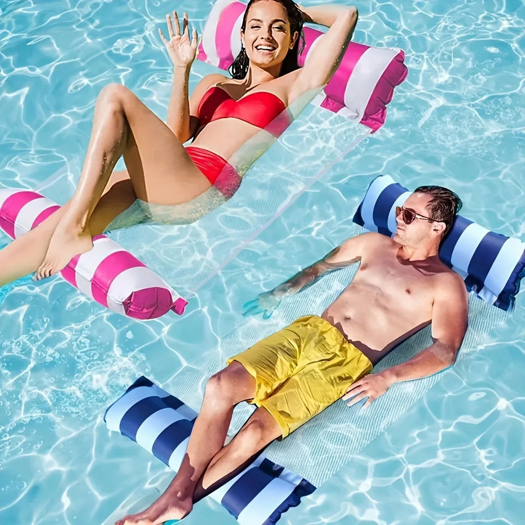 Foldable Striped Inflatable Lounge Chair, Suitable for Swimming Pool Parties and Beach Leisure Floating Beds with Net Backrest